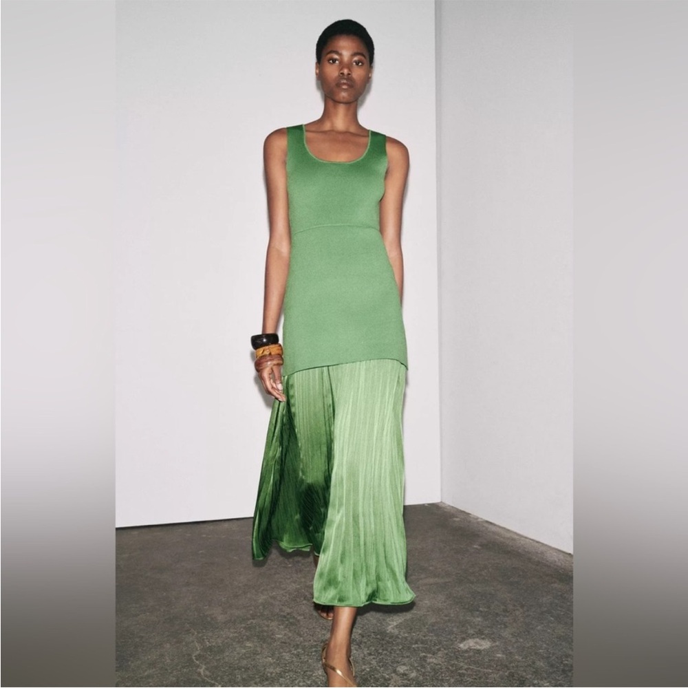 Zara NWT green pleated knit combination dress 4192/055
